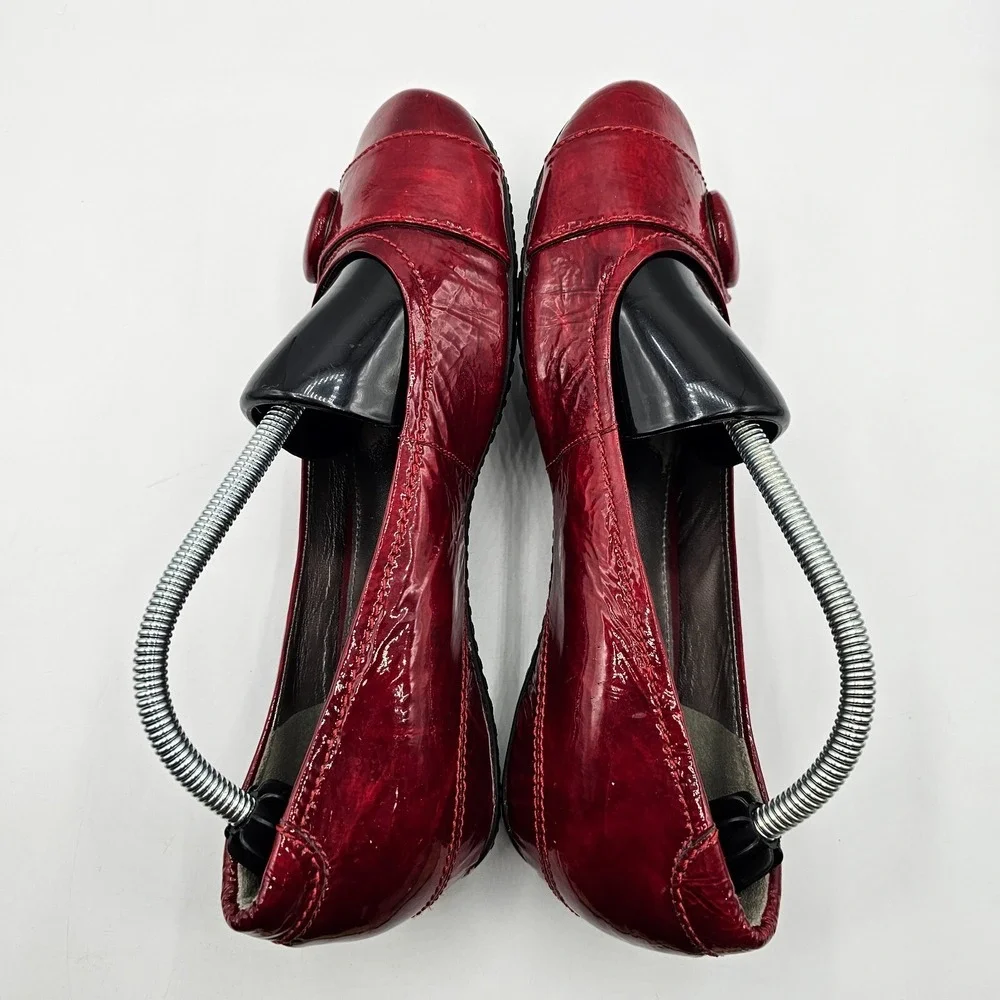 Ecco Womens Hanna Shoes Size‎ 37 Red Patent Leather Button Wedge Heel Ballet